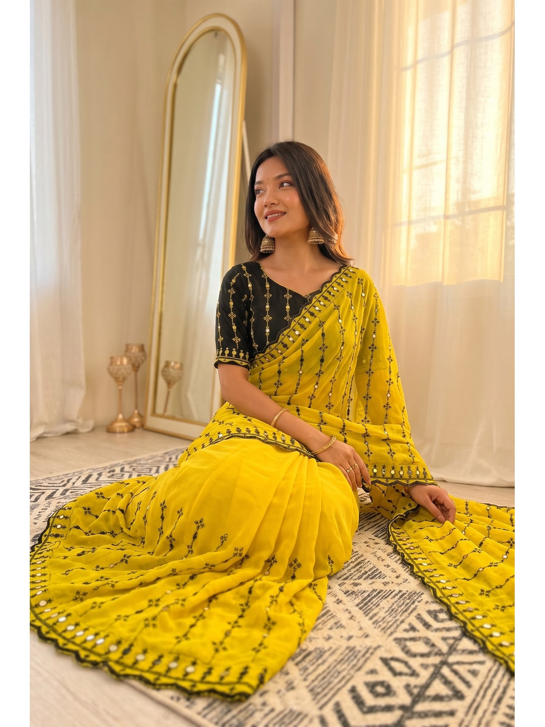 Peachmode Yellow Viscose Saree with Floral Embroidery and Mirror Work - Image 4
