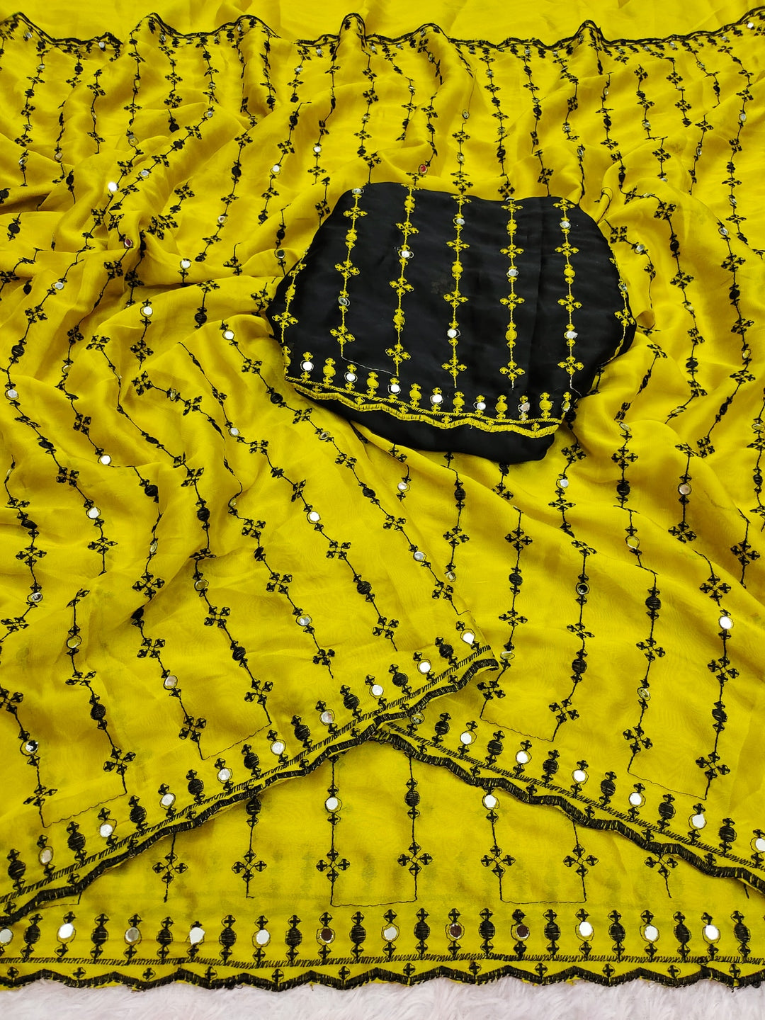 Peachmode Yellow Viscose Saree with Floral Embroidery and Mirror Work - Image 5