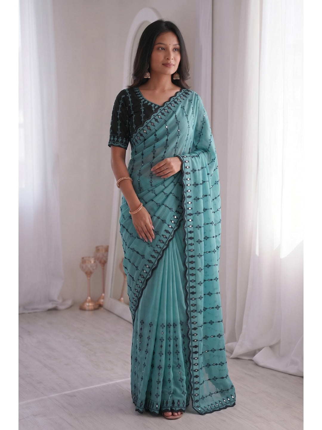 Peachmode Turquoise Viscose Saree with Floral Embroidery and Mirror Work - Image 3