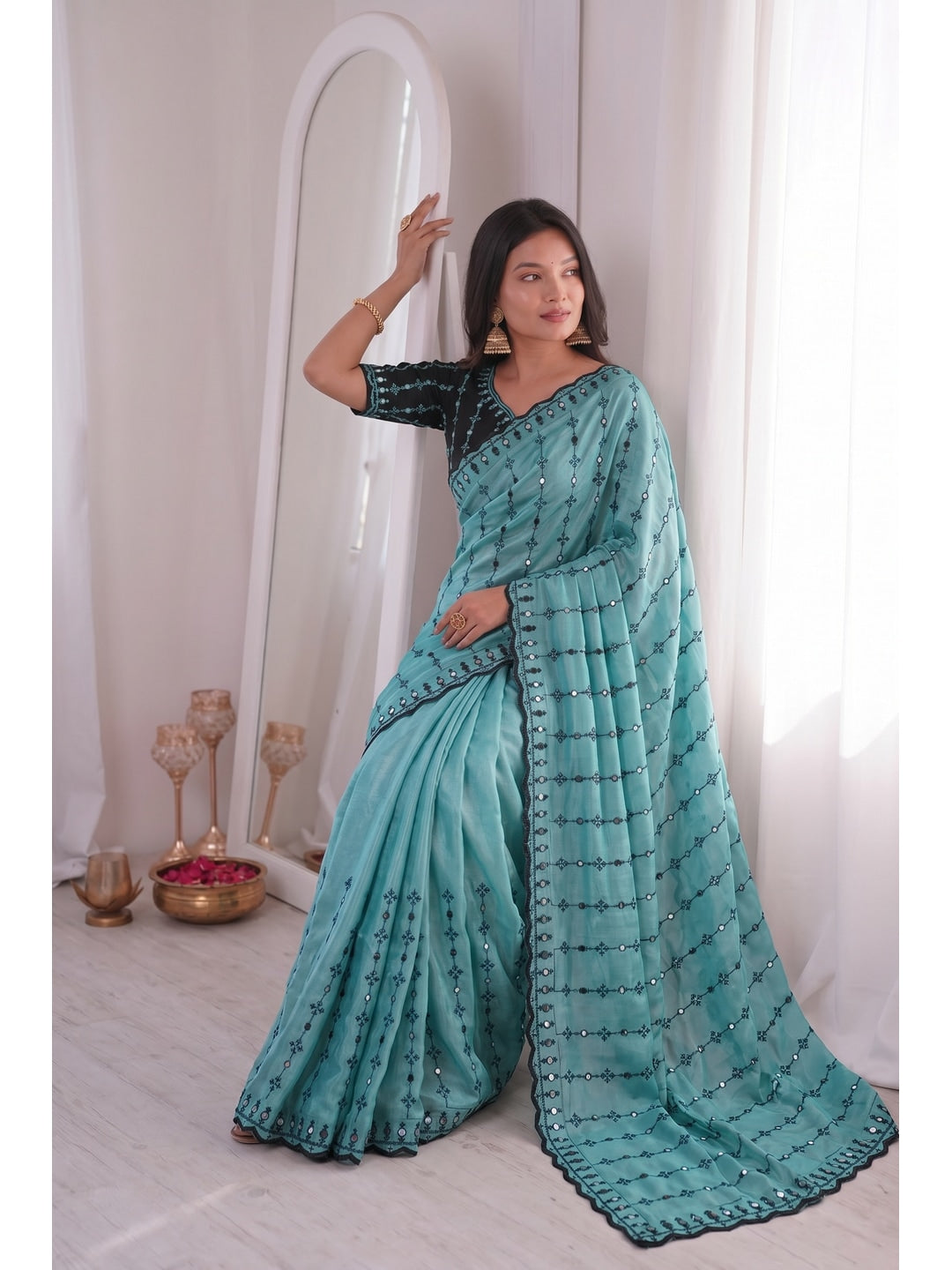 Peachmode Turquoise Viscose Saree with Floral Embroidery and Mirror Work - Image 6