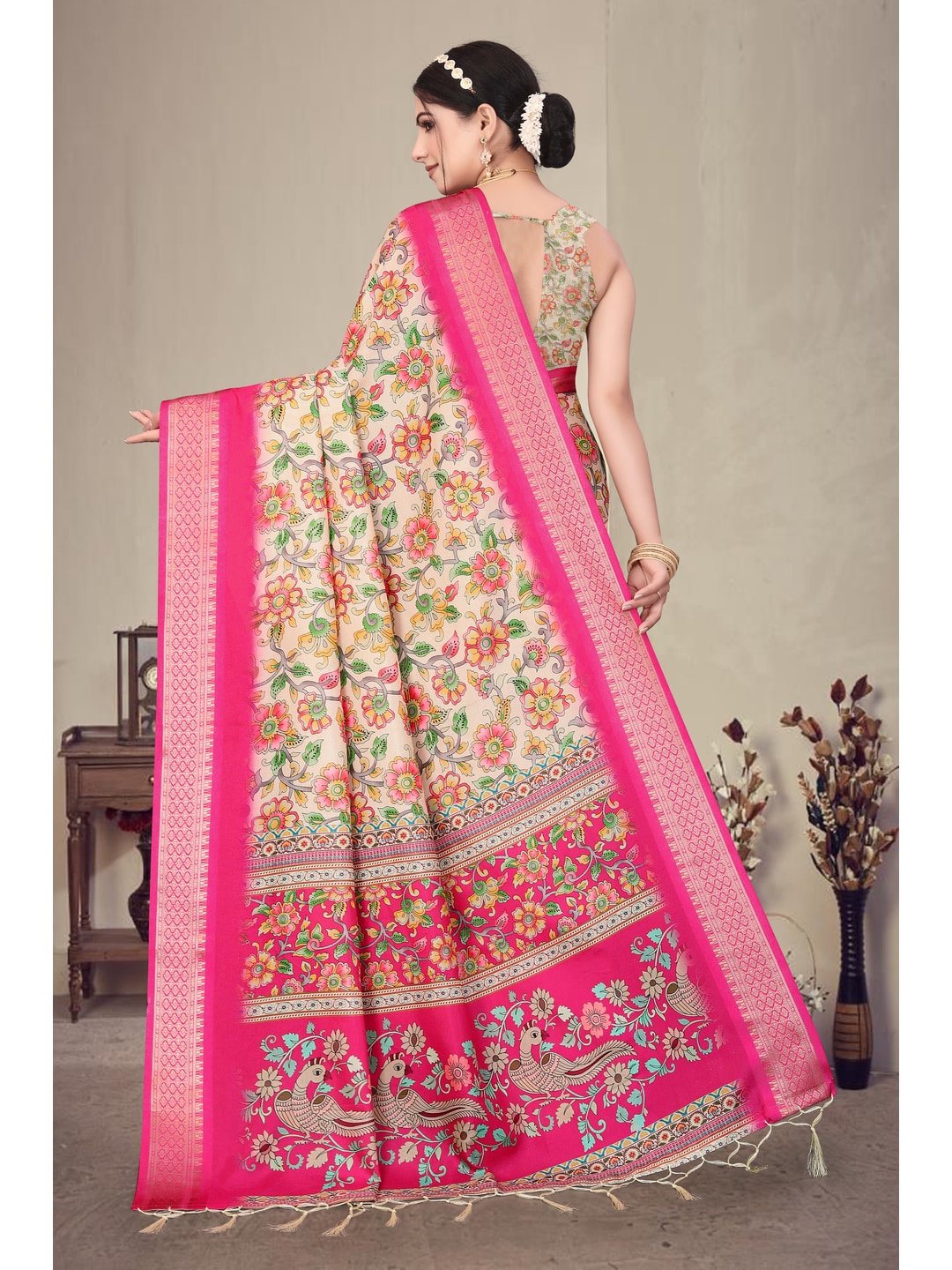 Peachmode Pink Cotton Silk Digital Print Saree with Jacquard Border - Image 9