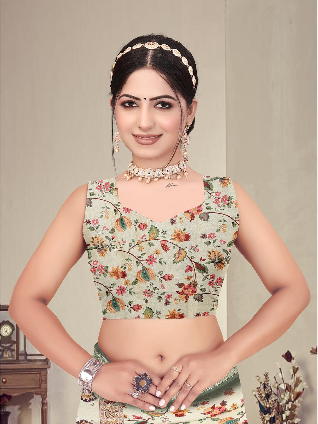 Peachmode Green Cotton Silk Digital Print Saree with Jacquard Border - Image 9