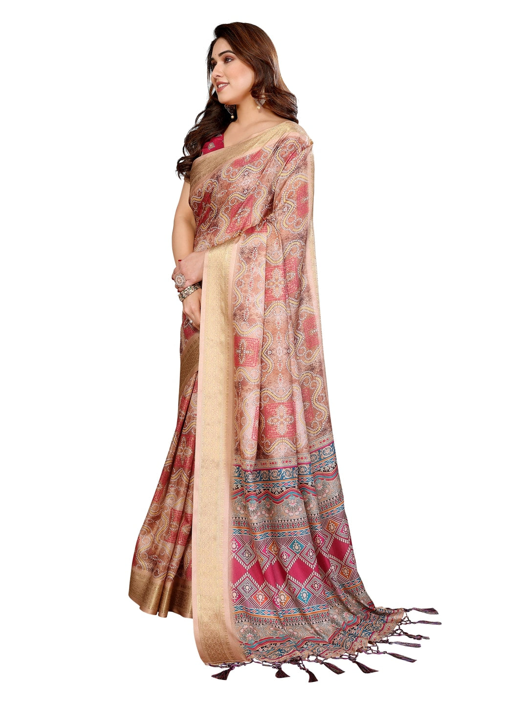 Peachmode Chikoo Cotton Silk Bandhej Print Saree with Zari Border - Image 9
