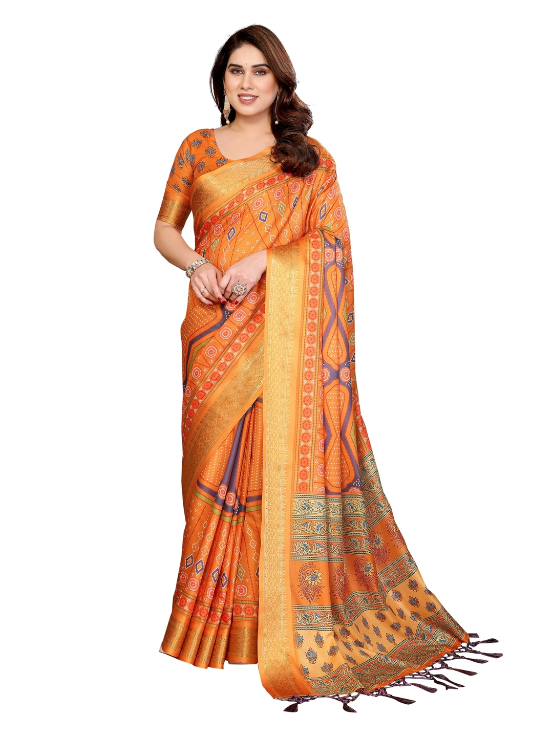 Peachmode Mustard Cotton Silk Bandhej Print Saree with Zari Border - Image 8