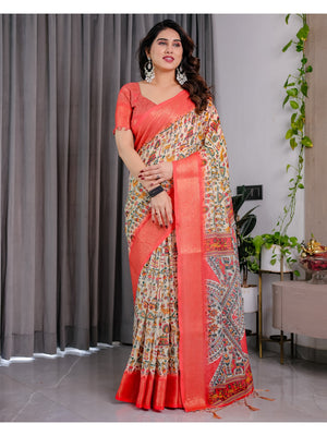 Peachmode Cream Handloom Linen Cotton Floral Print Saree - Image 1