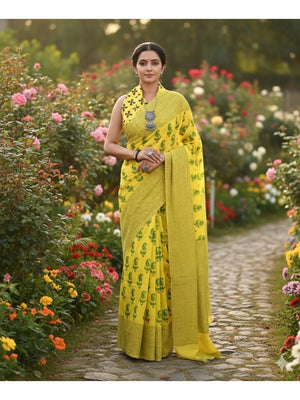 Elegant Yellow Paisley Printed Linen Saree with Striped Border - Image 1