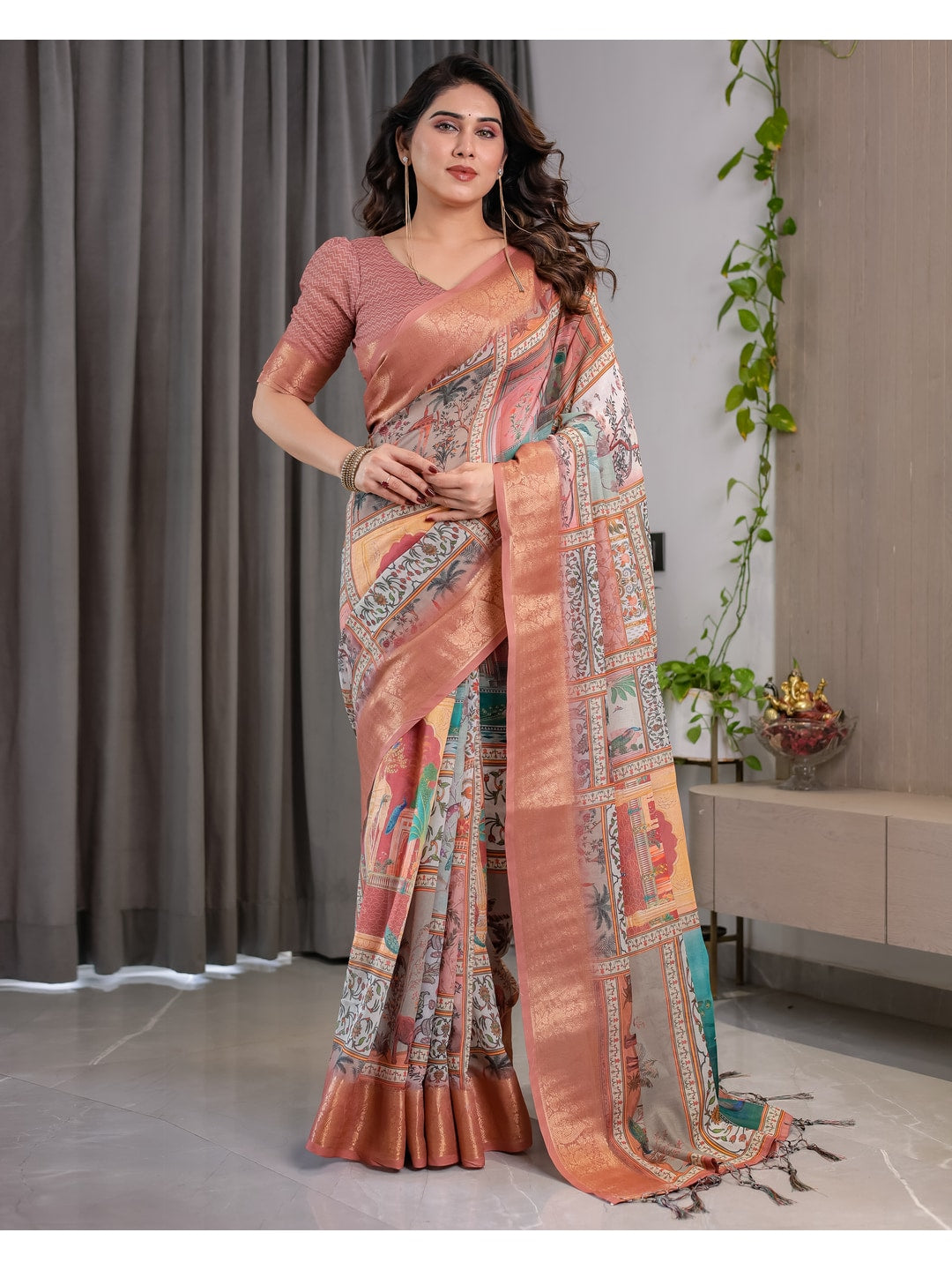 Peachmode Peach Handloom Linen Cotton Floral Print Saree - Image 1