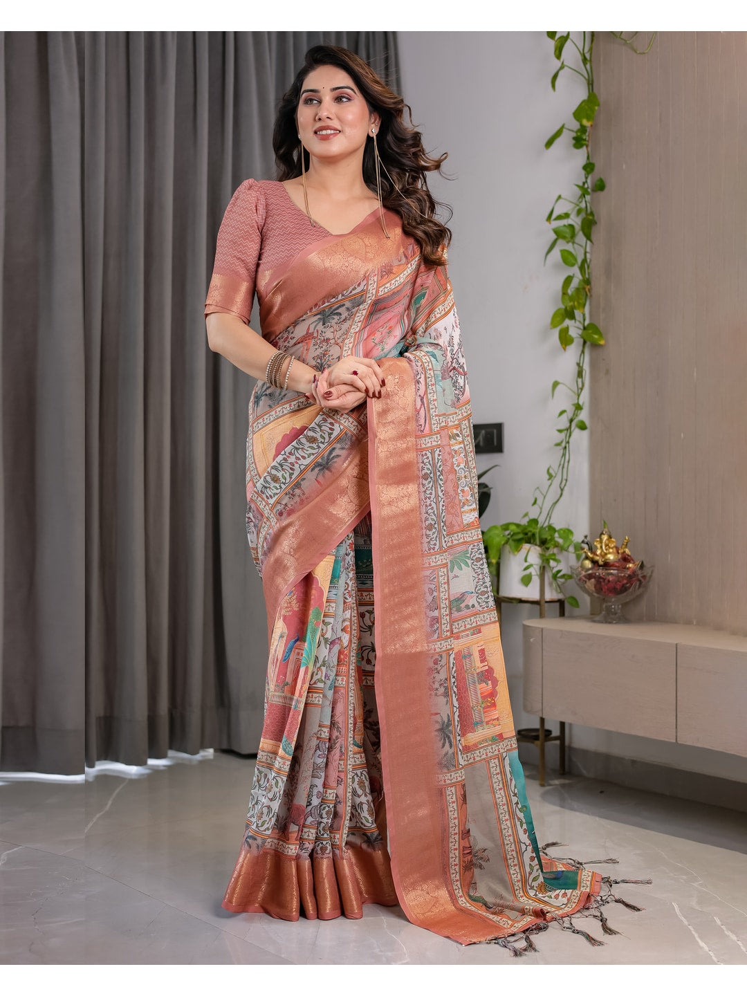 Peachmode Peach Handloom Linen Cotton Floral Print Saree - Image 3