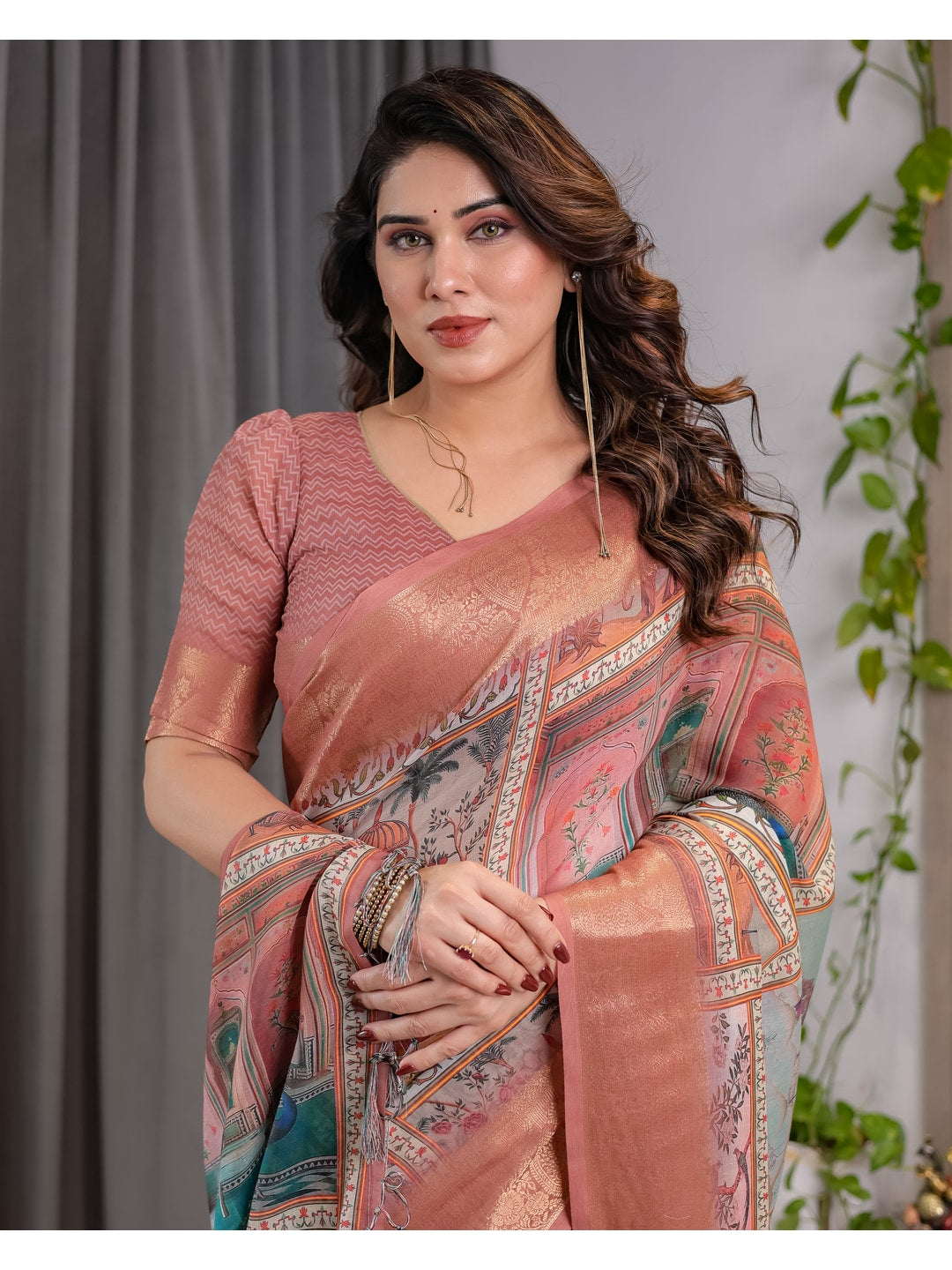 Peachmode Peach Handloom Linen Cotton Floral Print Saree - Image 6