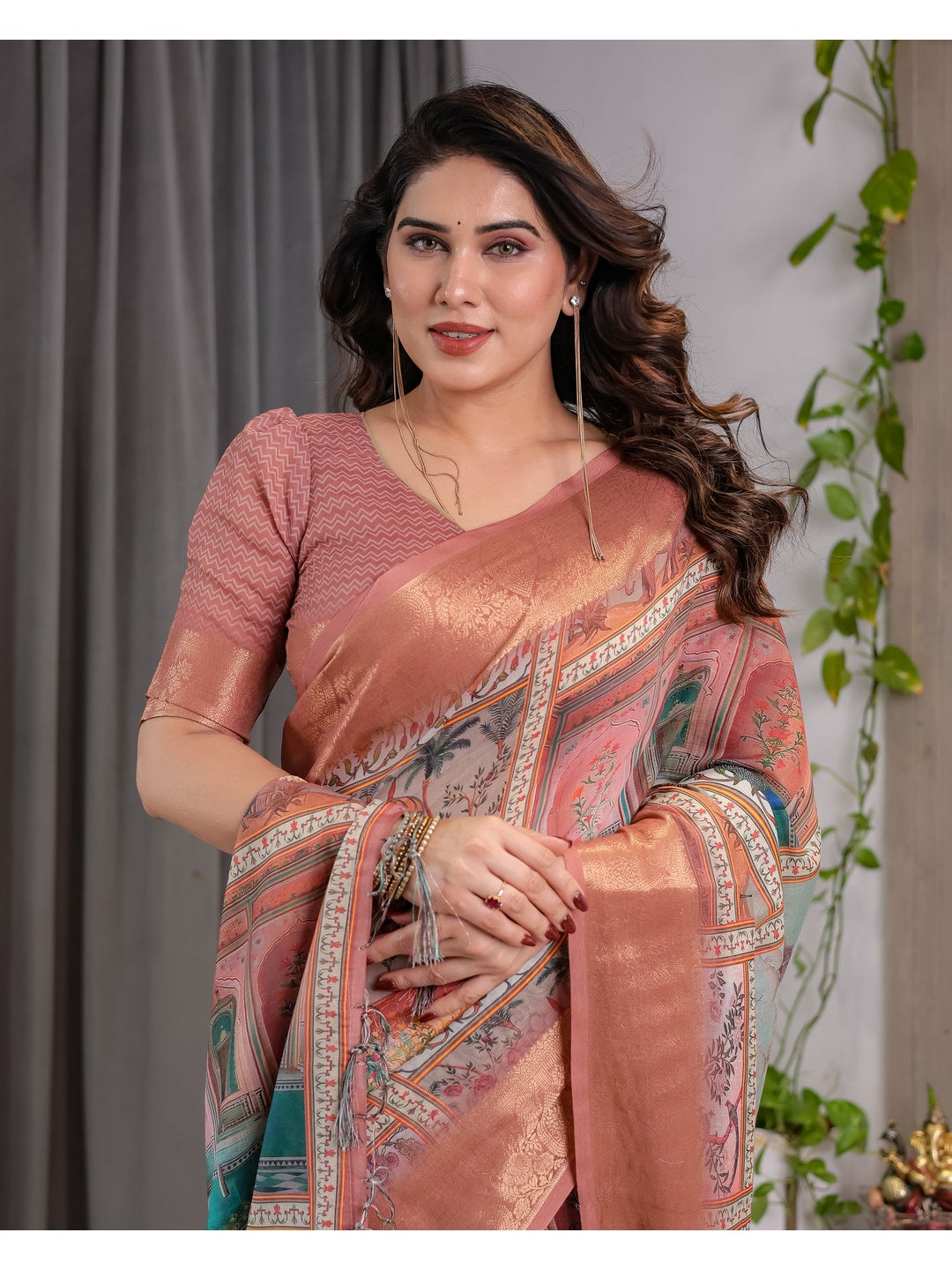 Peachmode Peach Handloom Linen Cotton Floral Print Saree - Image 10