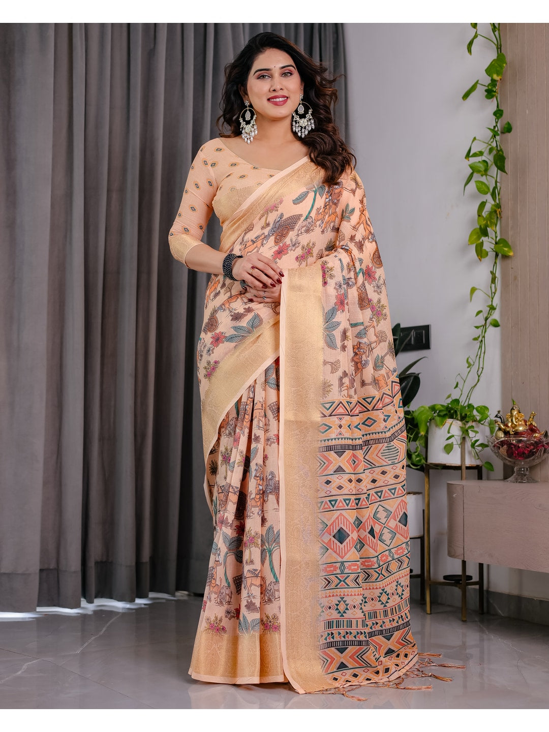 Peachmode Cream Handloom Linen Cotton Floral Print Saree - Image 2