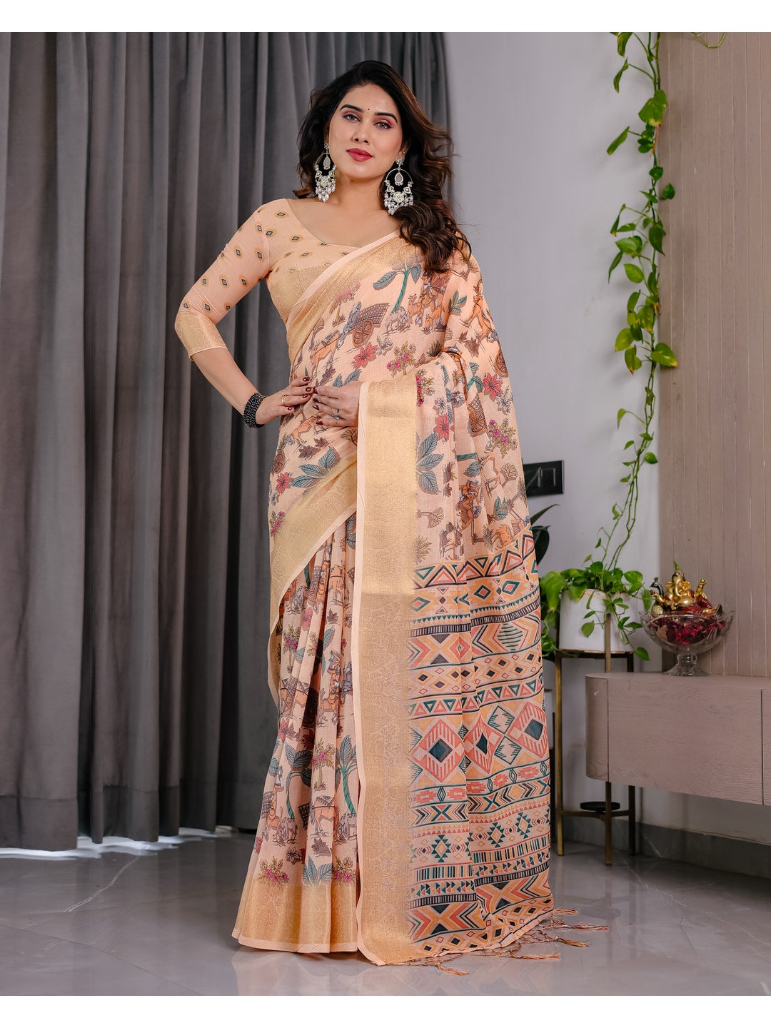 Peachmode Cream Handloom Linen Cotton Floral Print Saree - Image 4