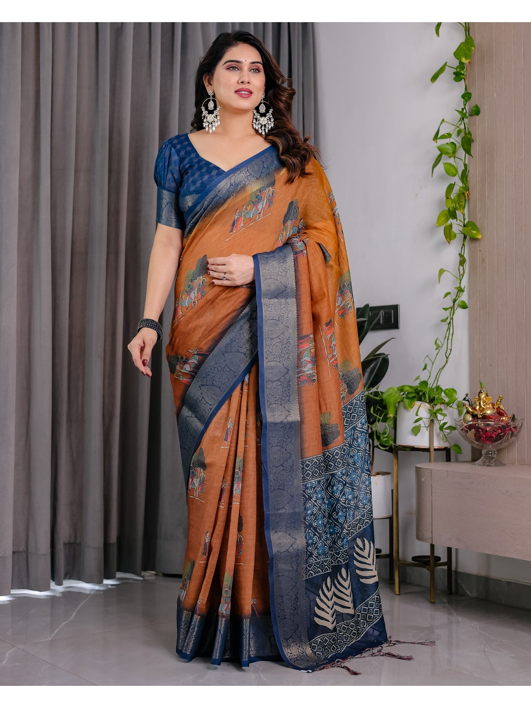 Peachmode Brown Handloom Linen Cotton Floral Print Saree - Image 1