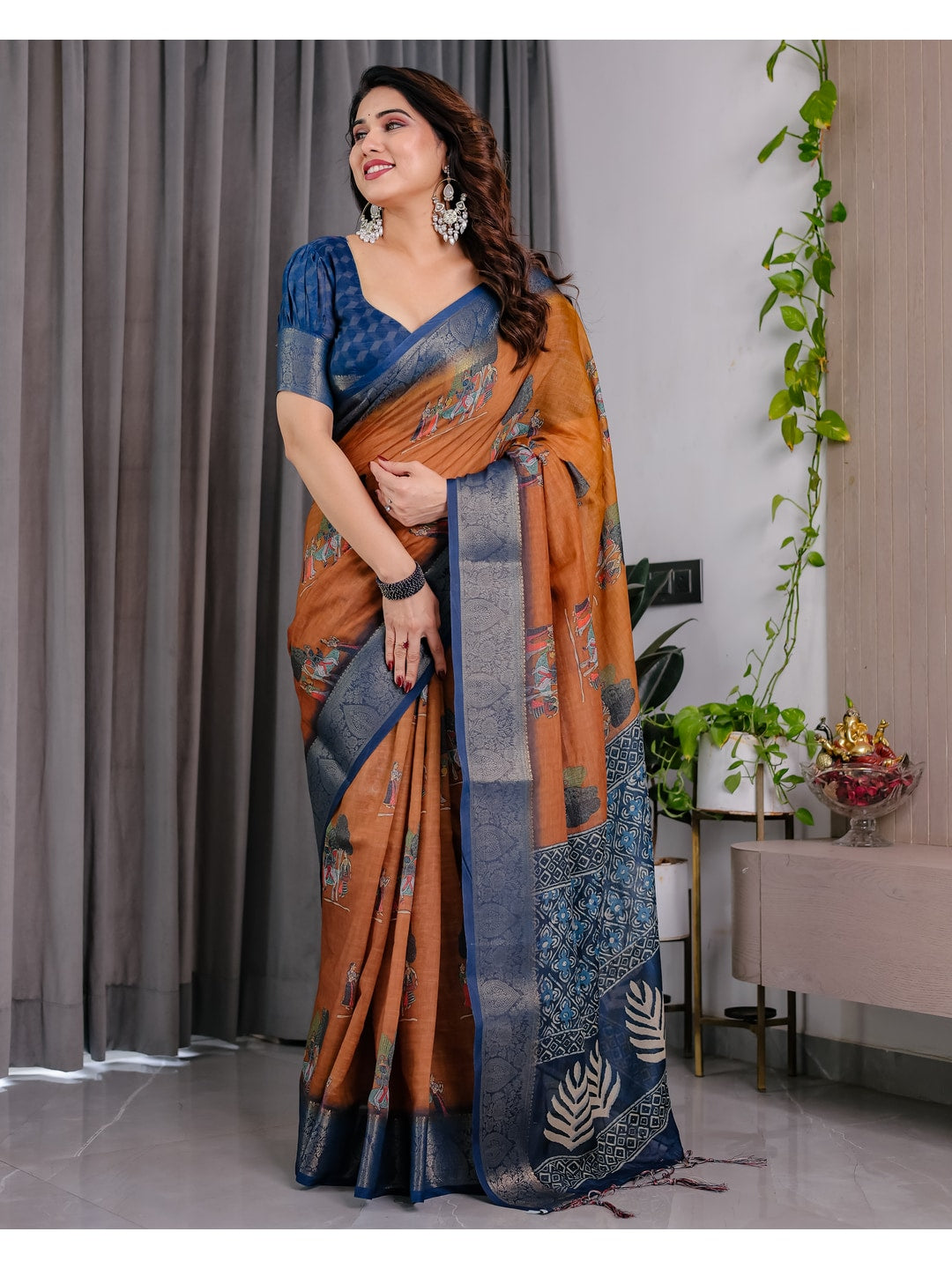 Peachmode Brown Handloom Linen Cotton Floral Print Saree - Image 3