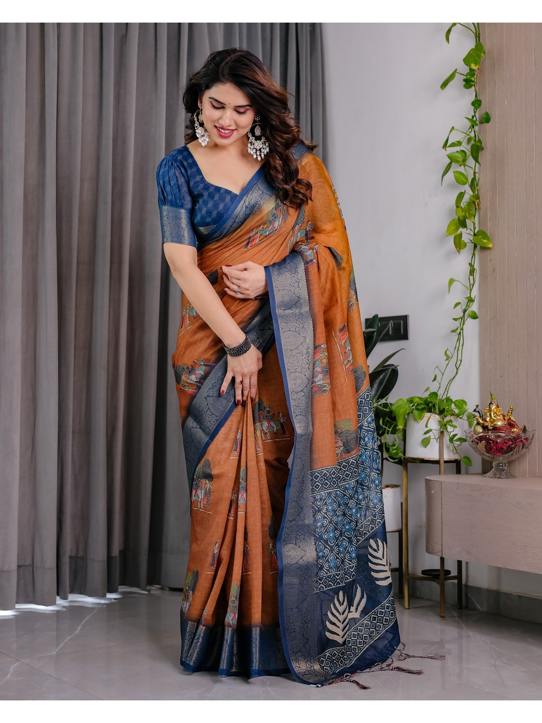 Peachmode Brown Handloom Linen Cotton Floral Print Saree - Image 4