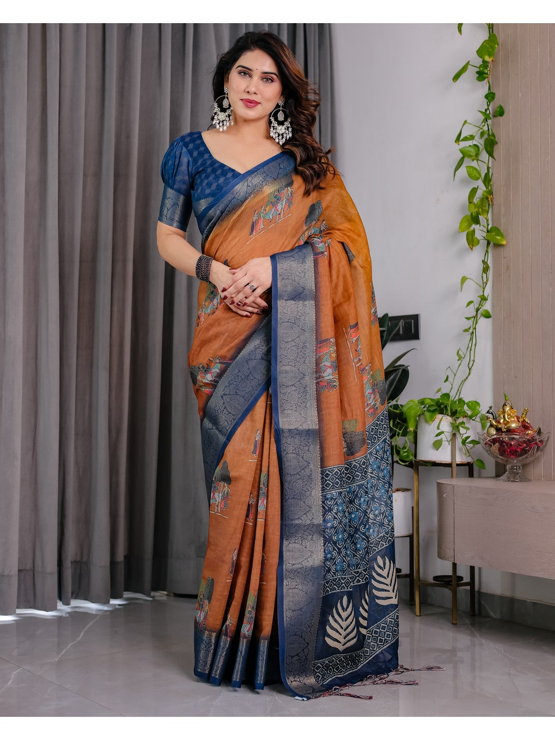 Peachmode Brown Handloom Linen Cotton Floral Print Saree - Image 5