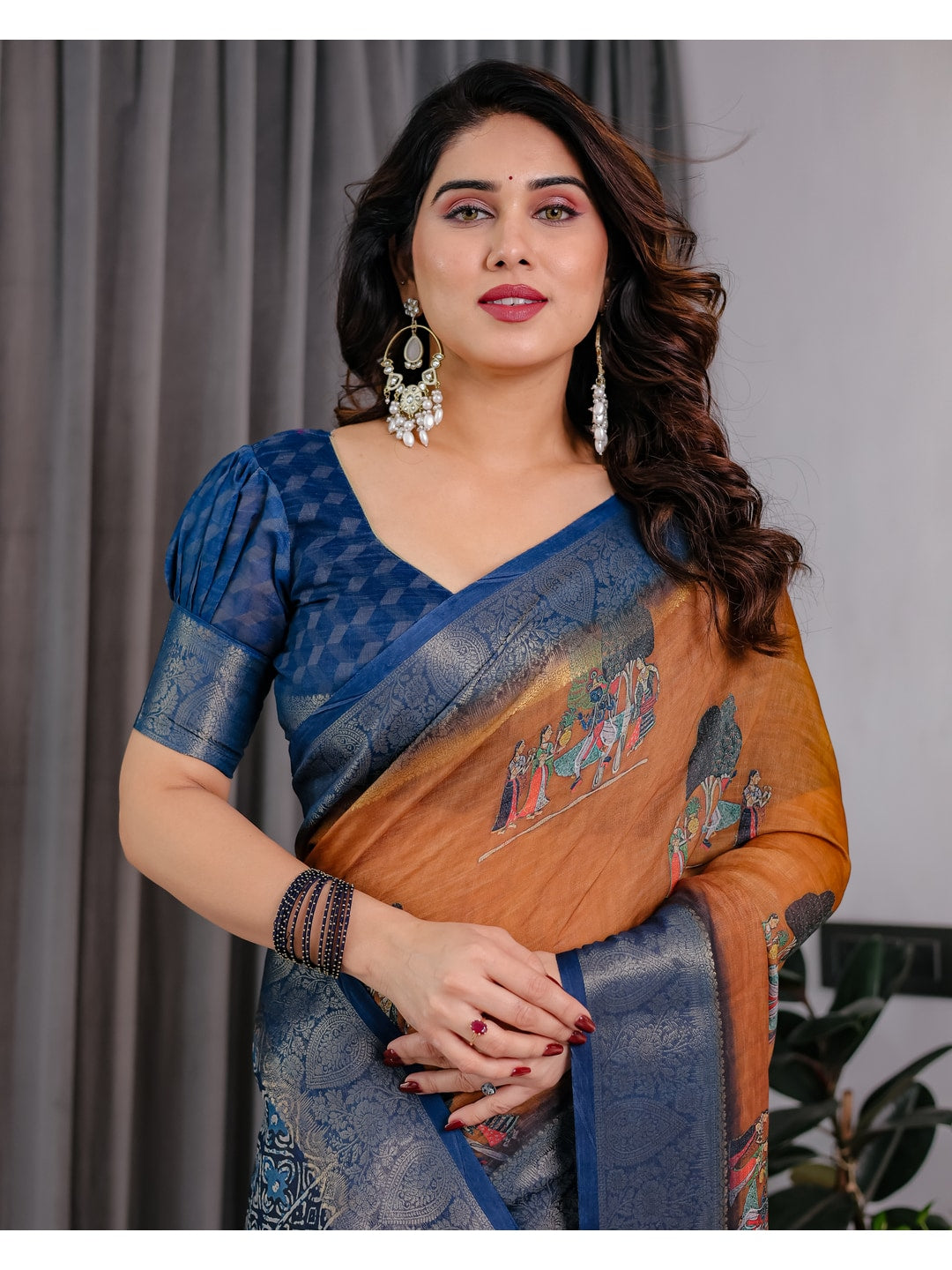 Peachmode Brown Handloom Linen Cotton Floral Print Saree - Image 9