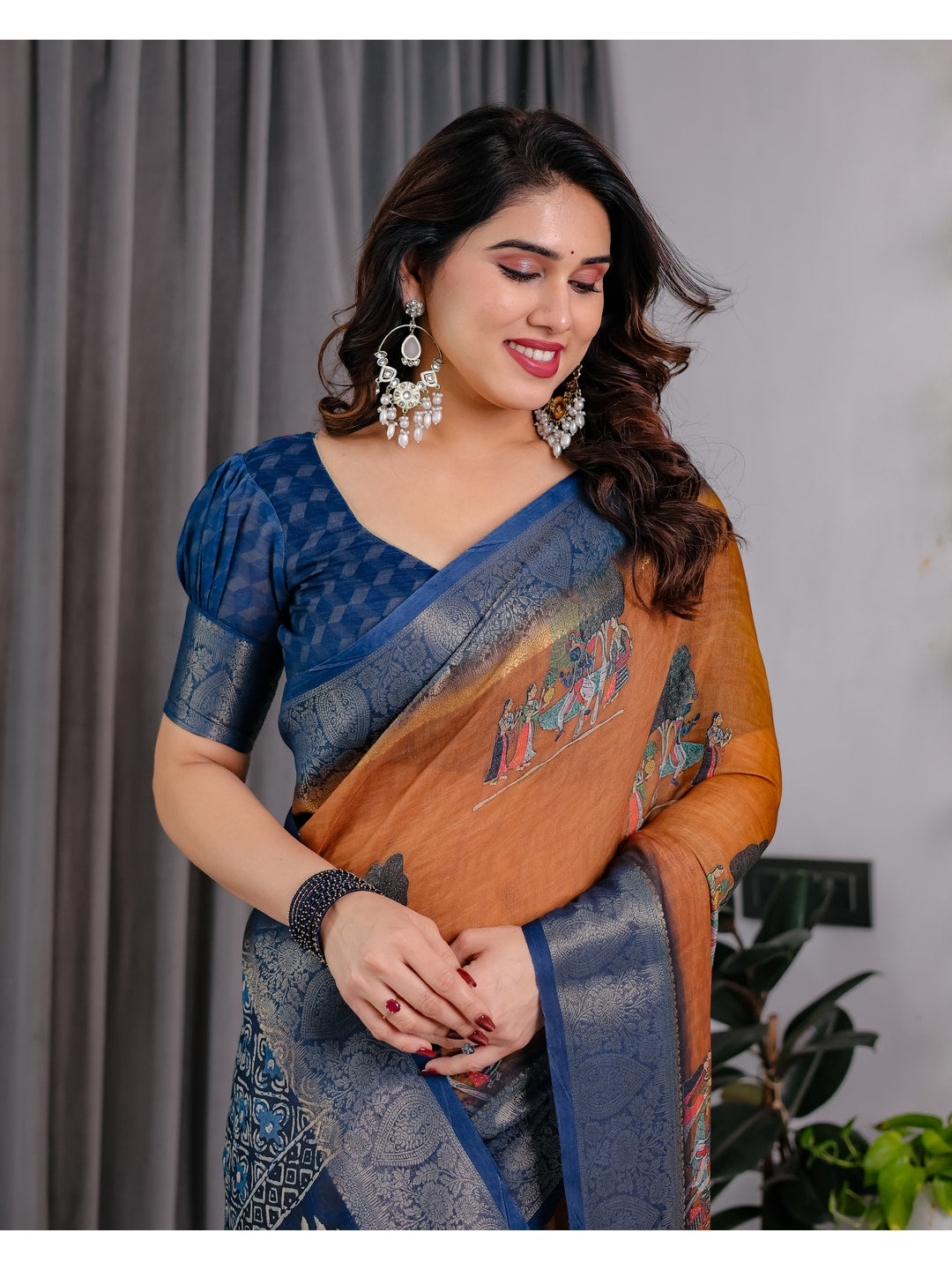 Peachmode Brown Handloom Linen Cotton Floral Print Saree - Image 10