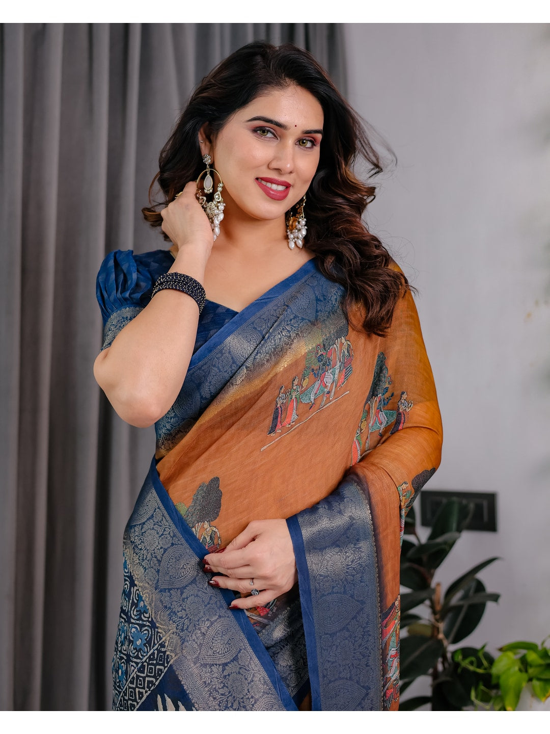 Peachmode Brown Handloom Linen Cotton Floral Print Saree - Image 11