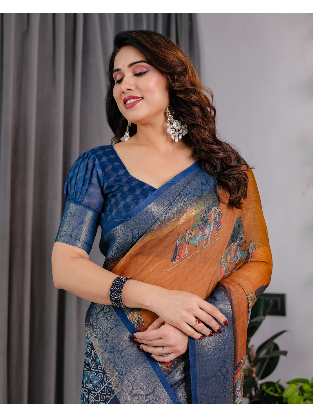 Peachmode Brown Handloom Linen Cotton Floral Print Saree - Image 12