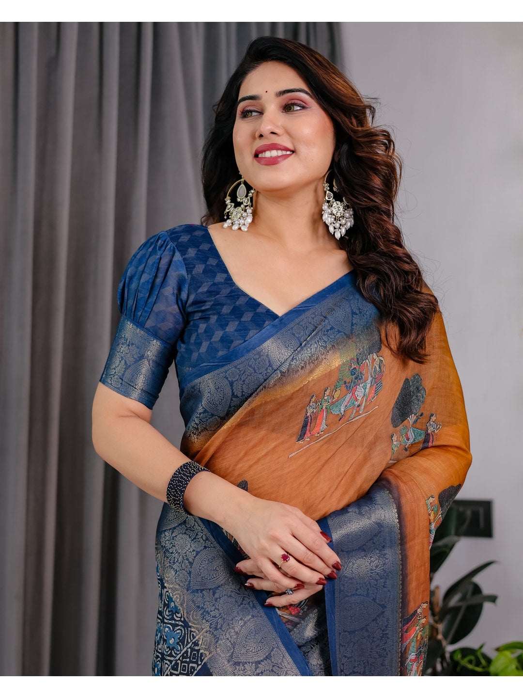 Peachmode Brown Handloom Linen Cotton Floral Print Saree - Image 13
