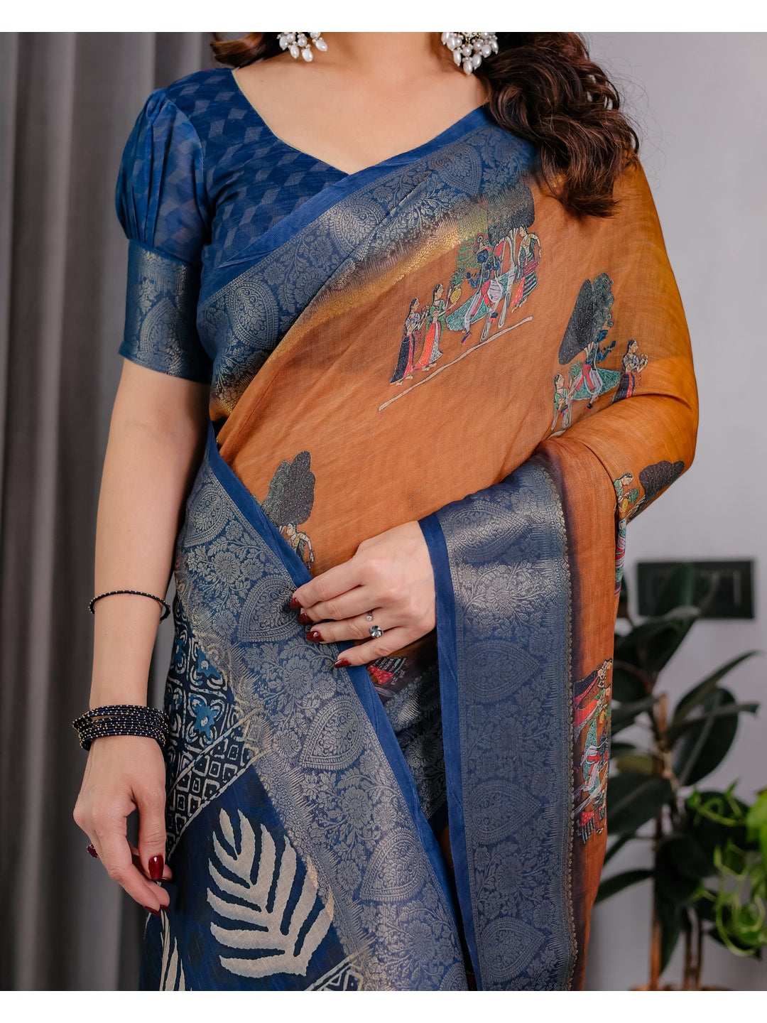 Peachmode Brown Handloom Linen Cotton Floral Print Saree - Image 14