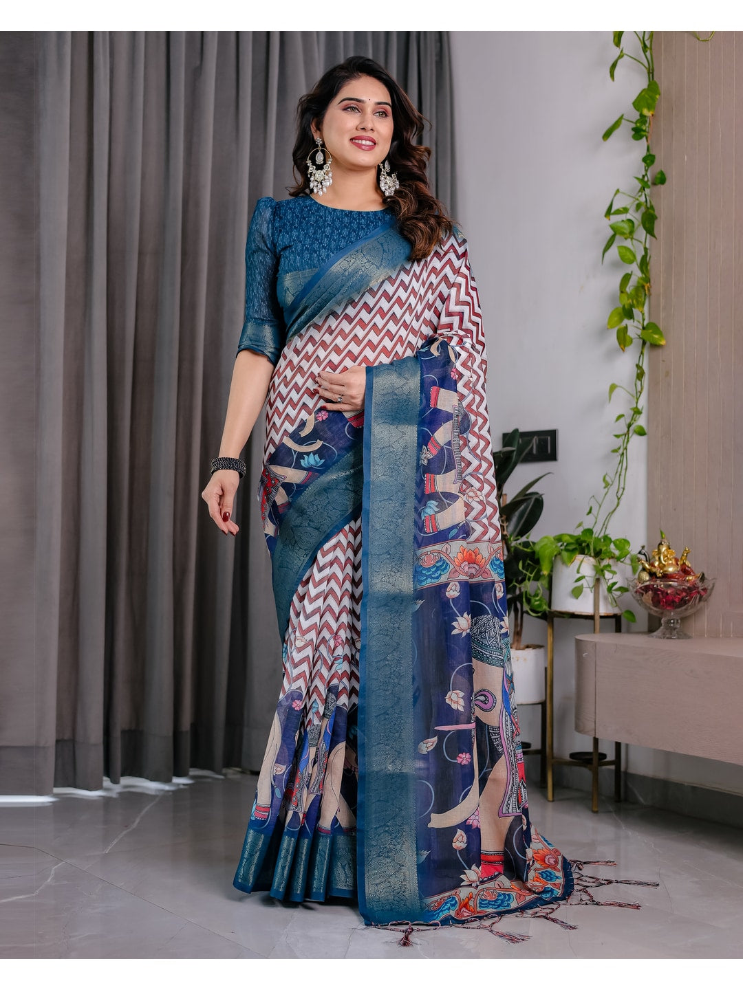 Peachmode Navy Blue Handloom Linen Cotton Floral Print Saree - Image 2
