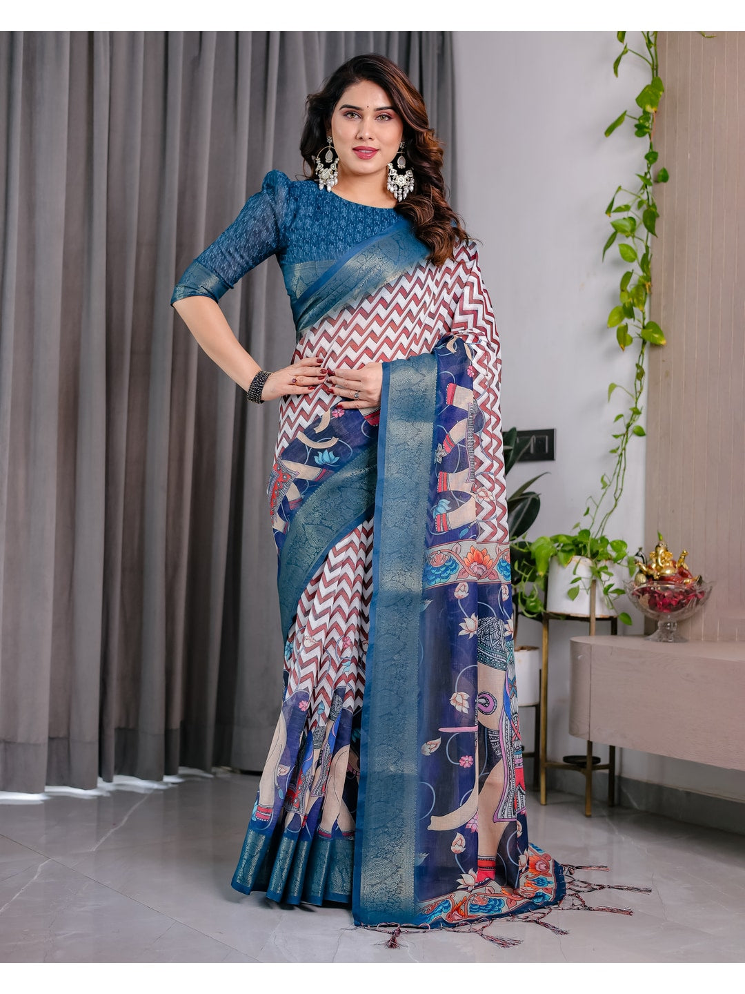 Peachmode Navy Blue Handloom Linen Cotton Floral Print Saree - Image 3