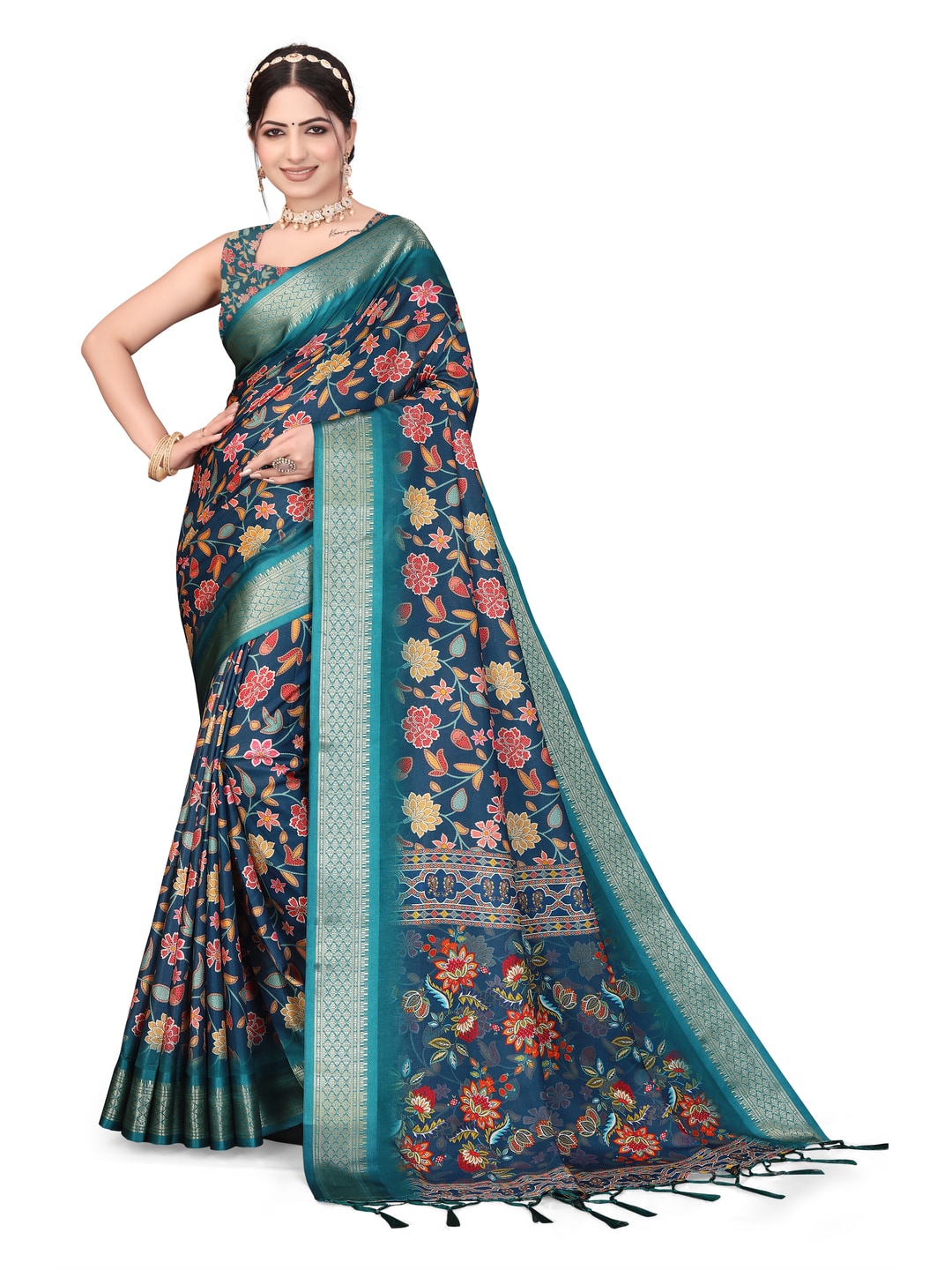 Peachmode Blue Cotton Silk Digital Print Saree with Jacquard Border - Image 12