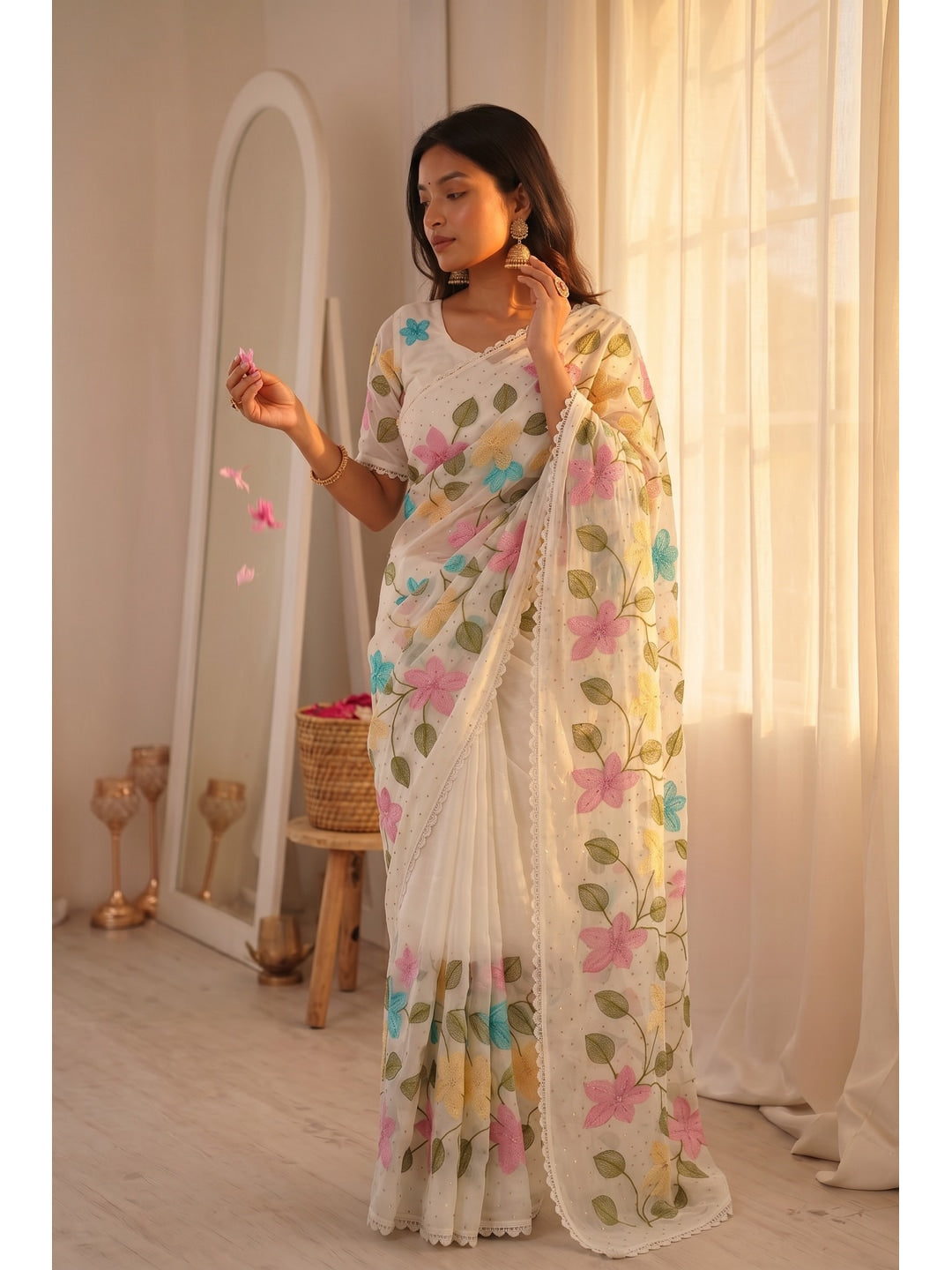 Peachmode White Viscose Saree with Floral Thread Work - Image 1