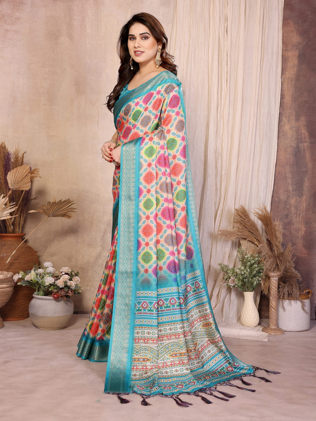 Peachmode Multicolor Cotton Silk Bandhej Print Saree with Zari Border - Image 2
