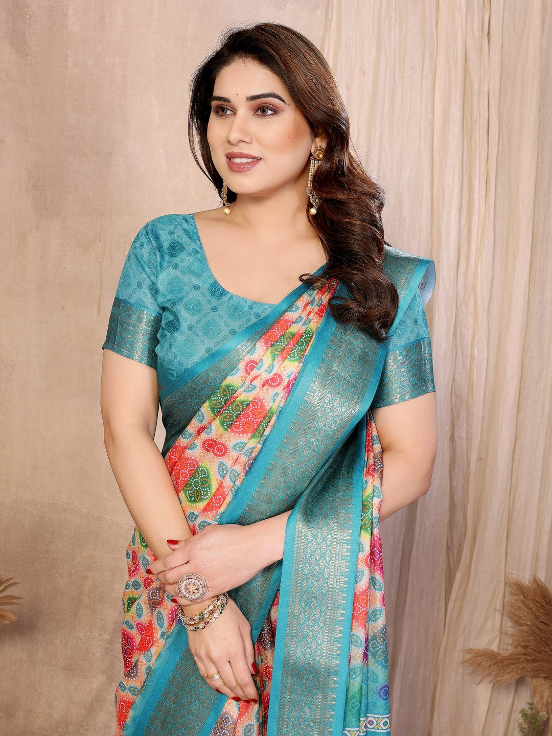 Peachmode Multicolor Cotton Silk Bandhej Print Saree with Zari Border - Image 6