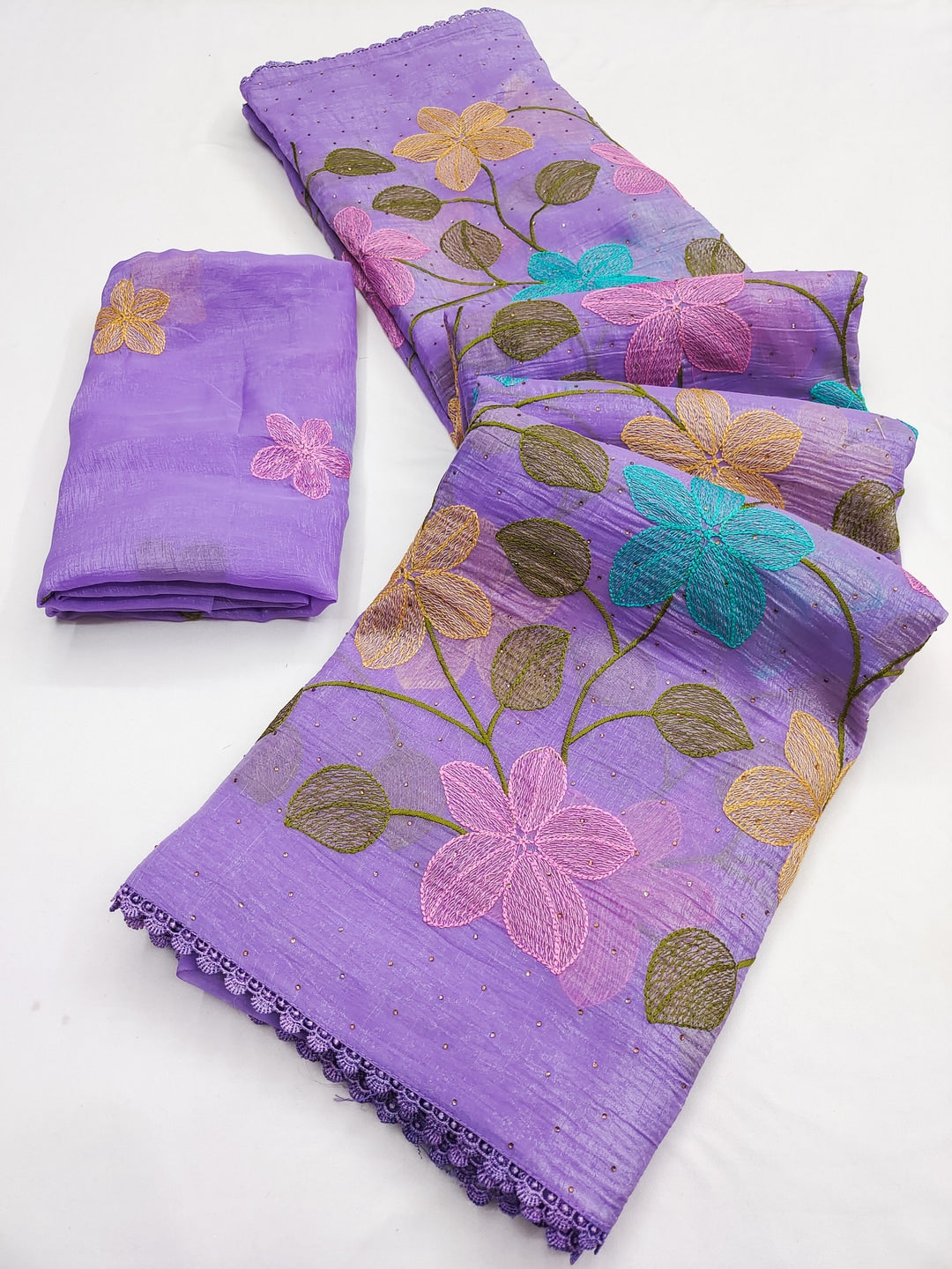 Peachmode Lavender Viscose Saree with Floral Thread Work - Image 5