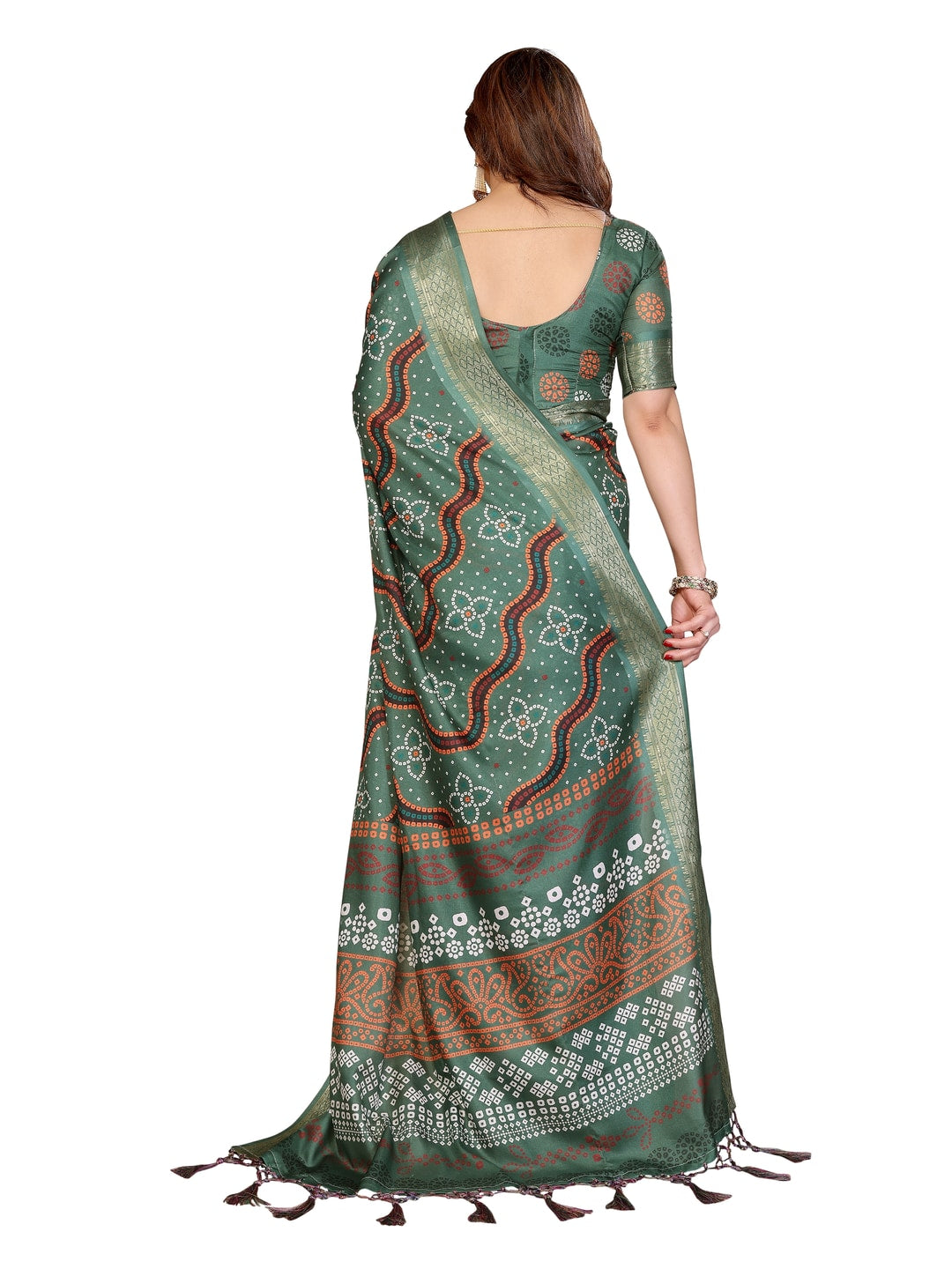 Peachmode Green Cotton Silk Bandhej Print Saree with Zari Border - Image 10