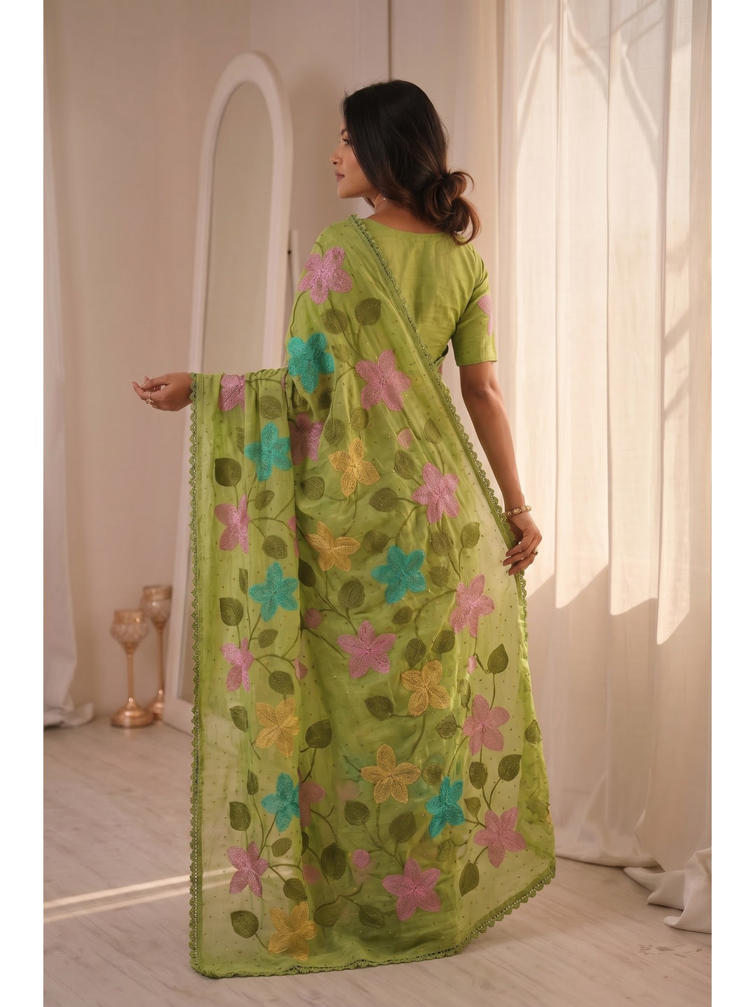 Peachmode Green Viscose Saree with Floral Thread Work - Image 3