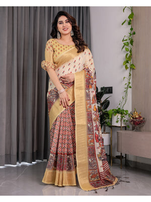 Peachmode Green Handloom Linen Cotton Floral Print Saree - Image 1