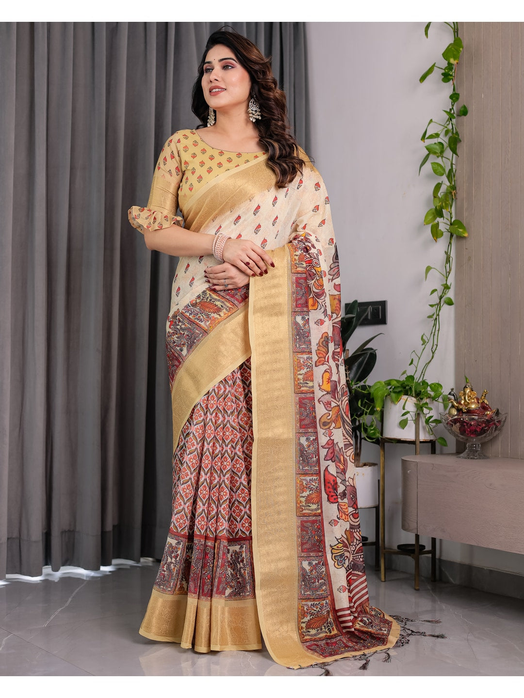 Peachmode Green Handloom Linen Cotton Floral Print Saree - Image 5