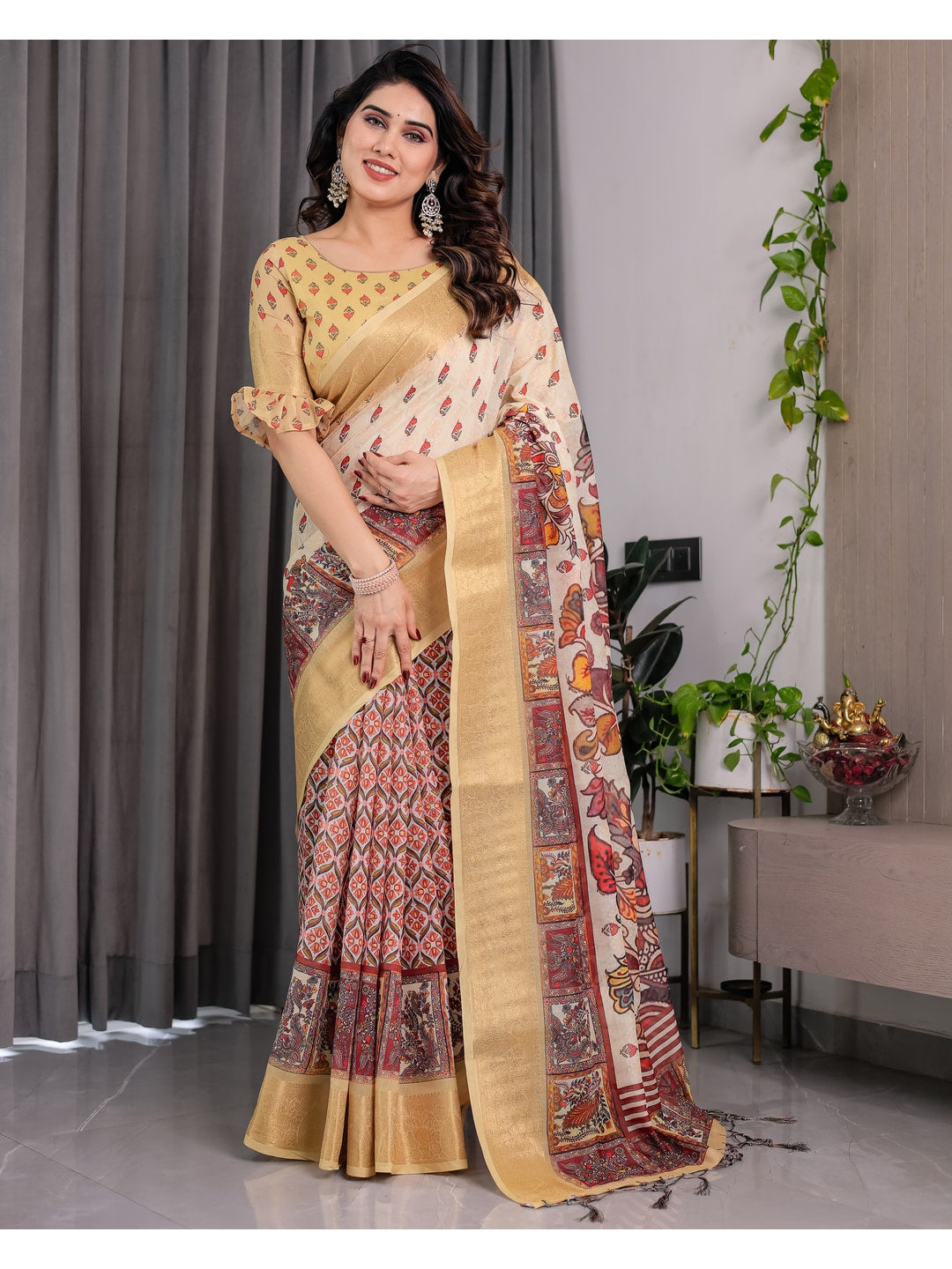 Peachmode Green Handloom Linen Cotton Floral Print Saree - Image 6