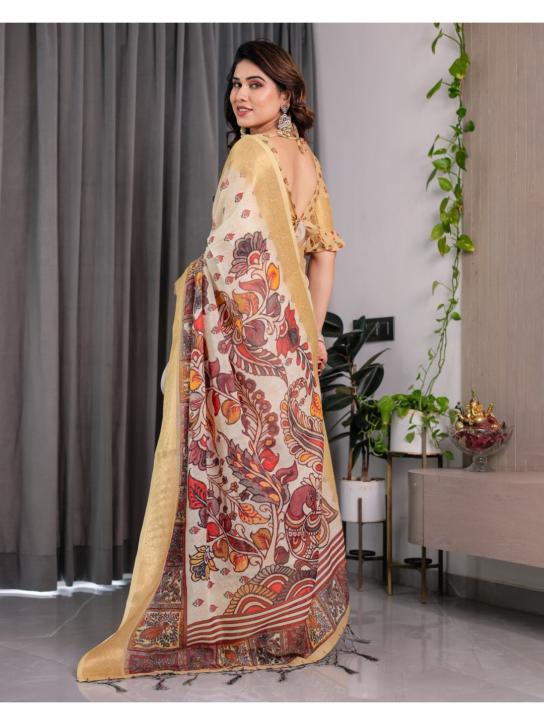Peachmode Green Handloom Linen Cotton Floral Print Saree - Image 8