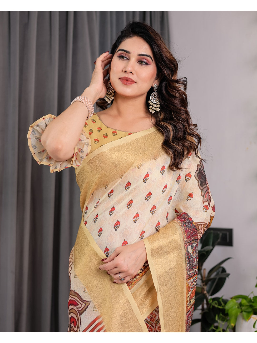 Peachmode Green Handloom Linen Cotton Floral Print Saree - Image 11