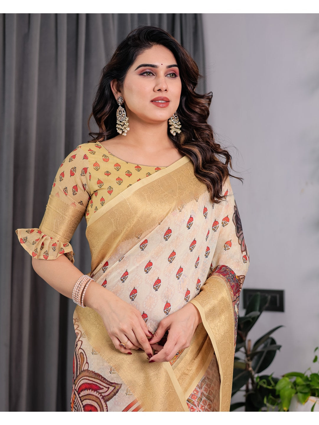 Peachmode Green Handloom Linen Cotton Floral Print Saree - Image 13