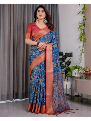 Peachmode Blue Handloom Linen Cotton Floral Print Saree - Image 1