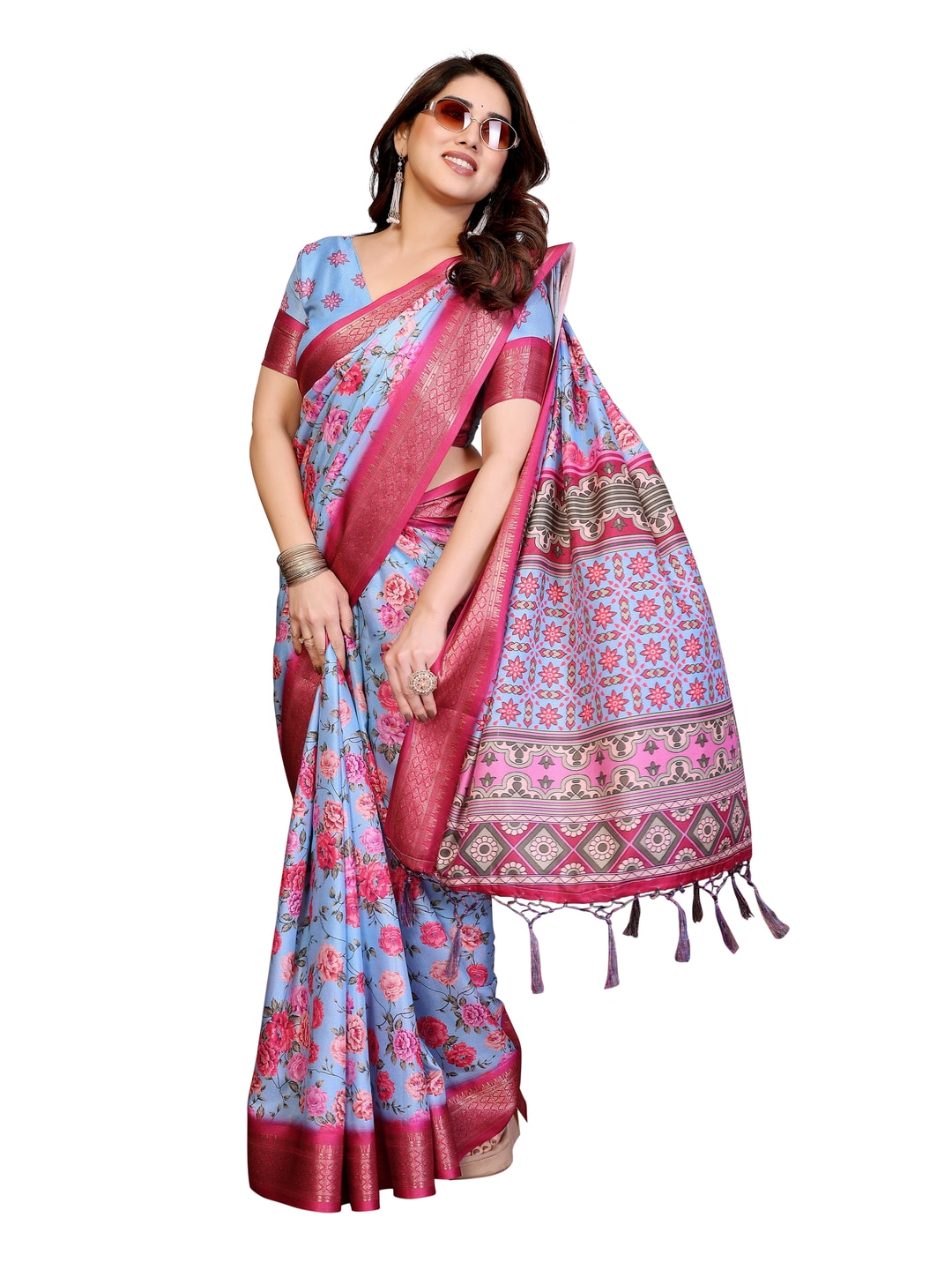 Peachmode Blue Cotton Silk Floral Print Saree with Zari Border - Image 13