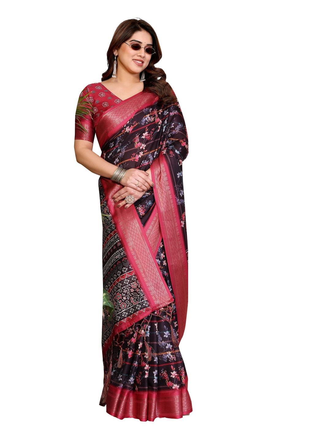 Peachmode Black Cotton Silk Floral Print Saree with Zari Border - Image 15