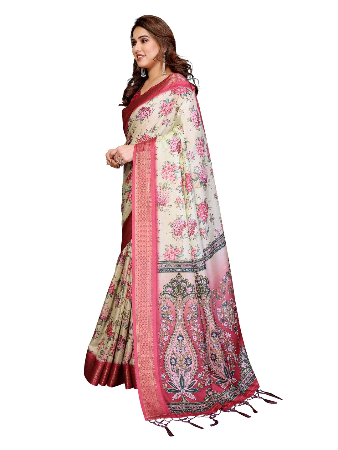Peachmode Yellow Cotton Silk Floral Print Saree with Zari Border - Image 14