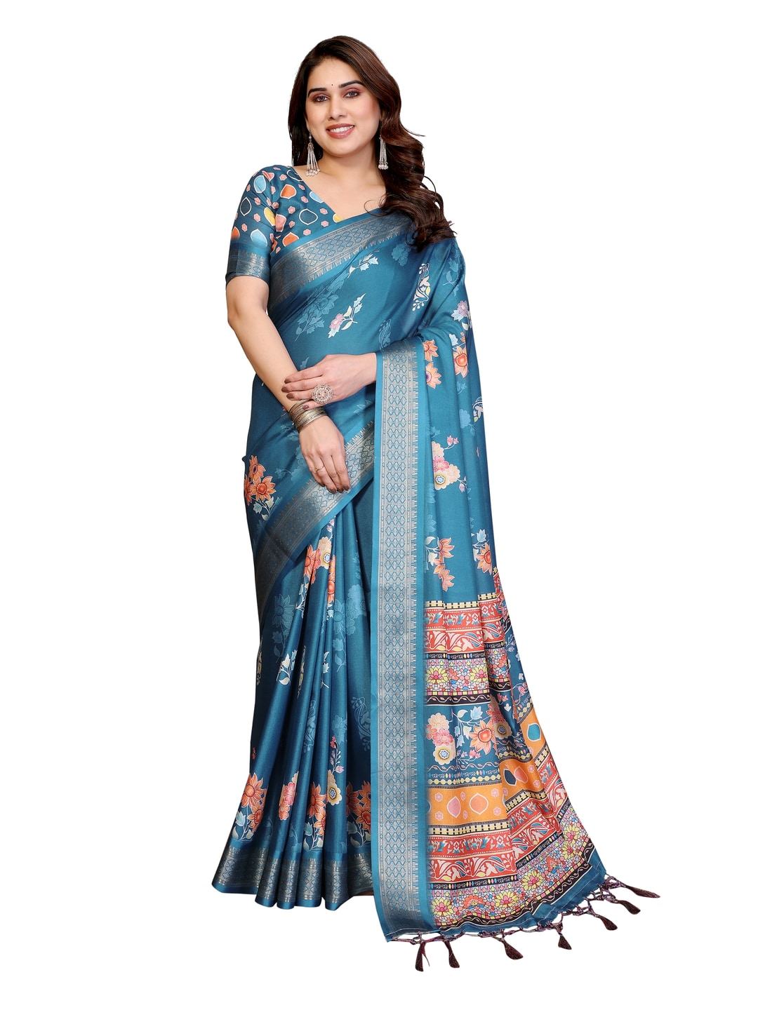 Peachmode Rama Blue Cotton Silk Floral Print Saree with Zari Border - Image 13