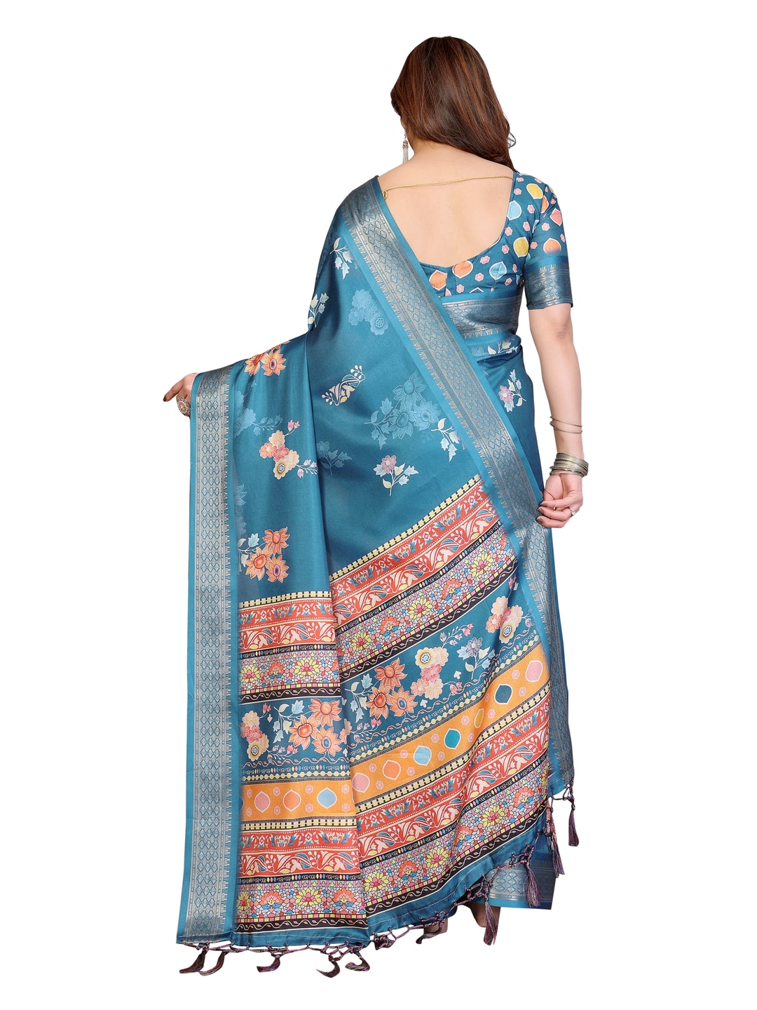 Peachmode Rama Blue Cotton Silk Floral Print Saree with Zari Border - Image 15