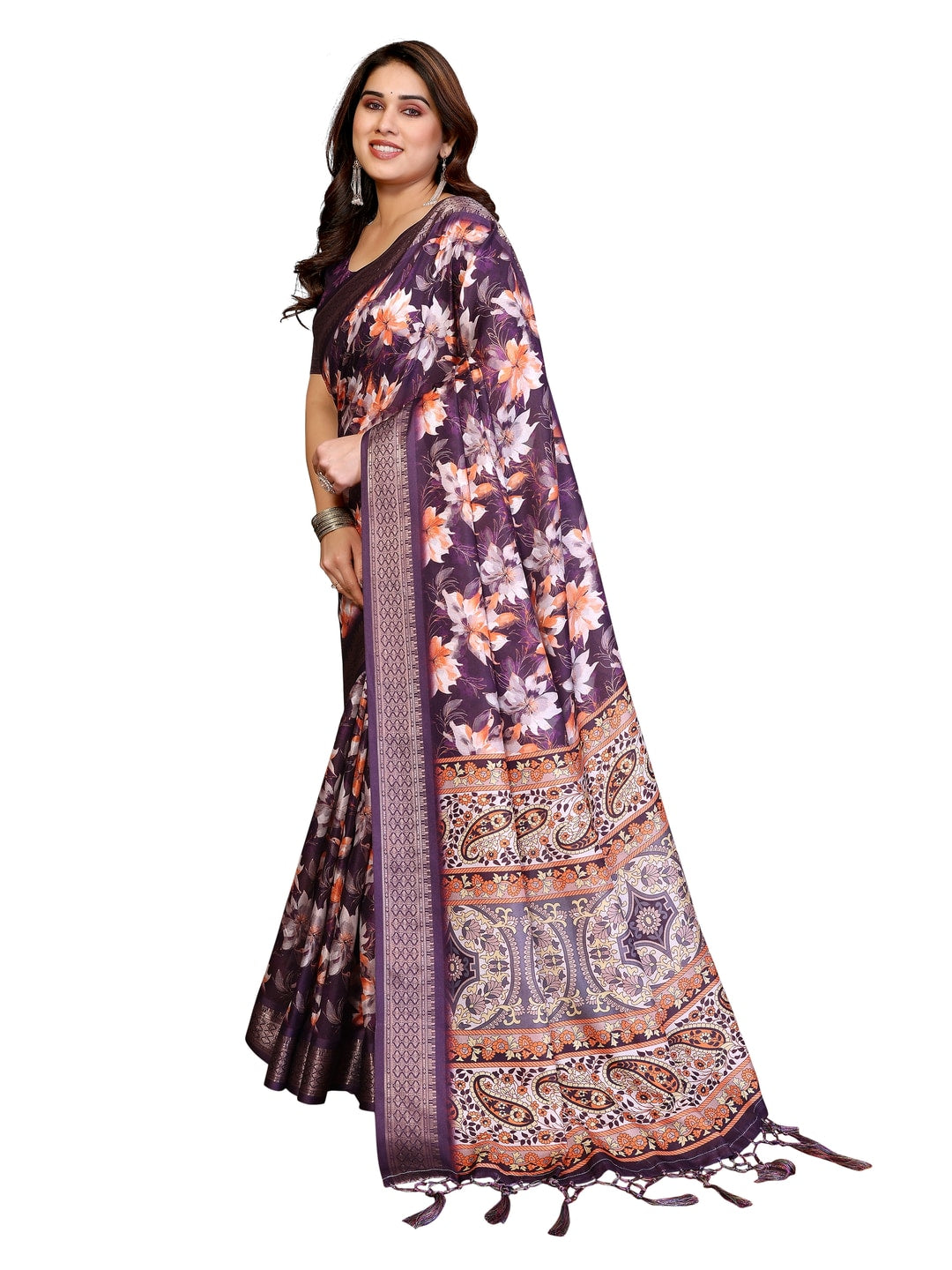 Peachmode Purple Cotton Silk Floral Print Saree with Zari Border - Image 17