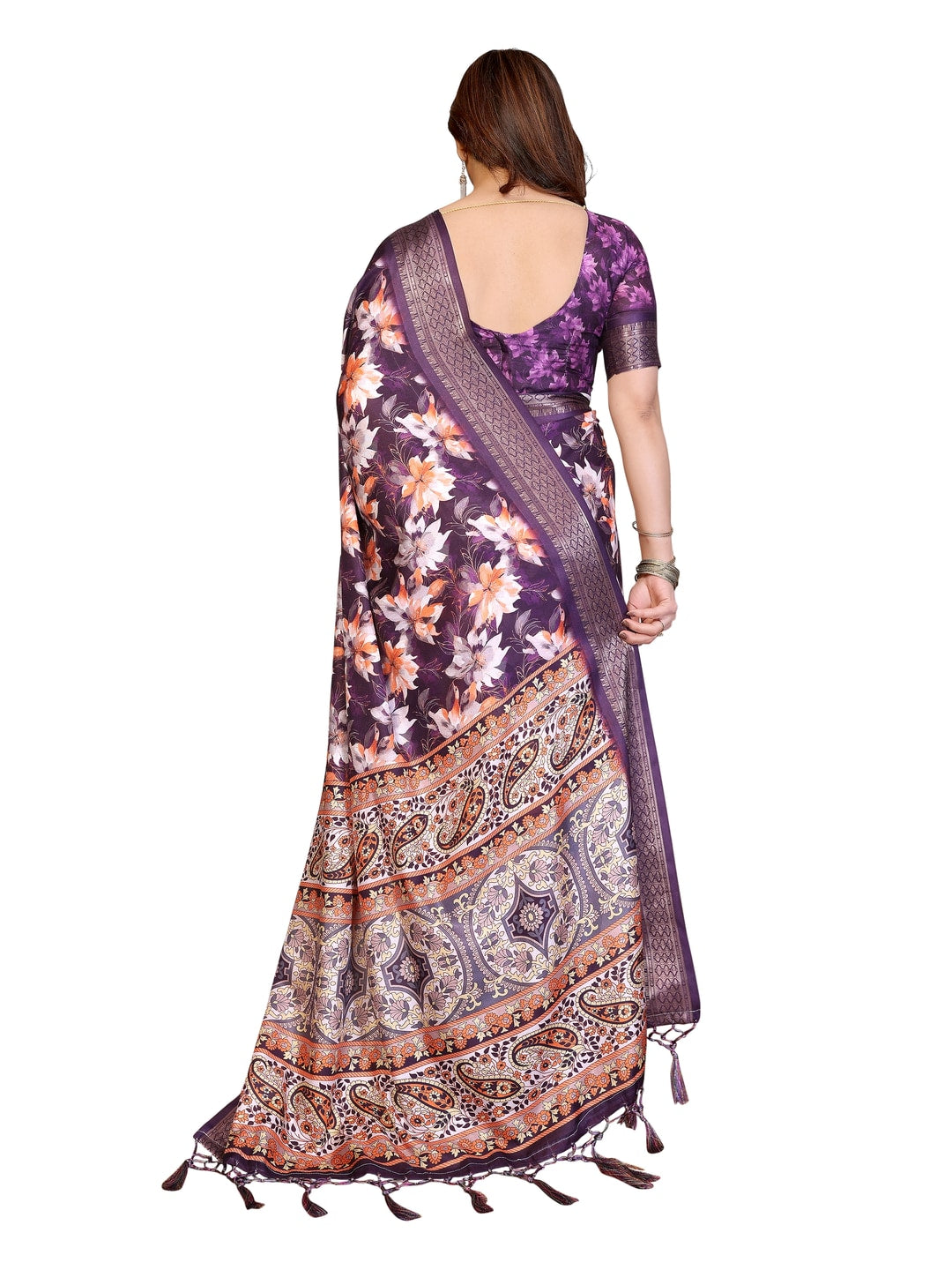 Peachmode Purple Cotton Silk Floral Print Saree with Zari Border - Image 18
