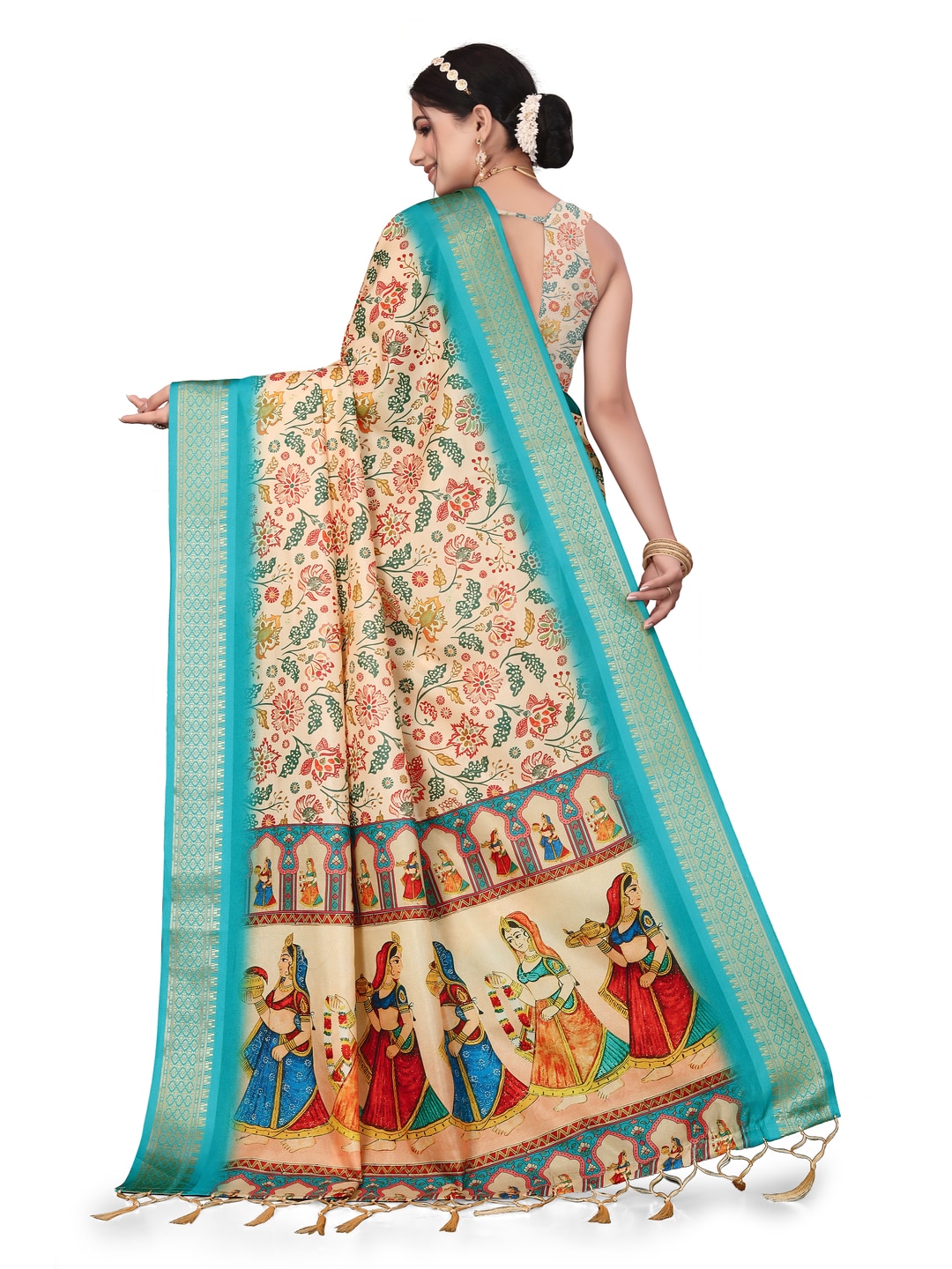 Peachmode Cream Cotton Silk Digital Print Saree with Jacquard Border - Image 21
